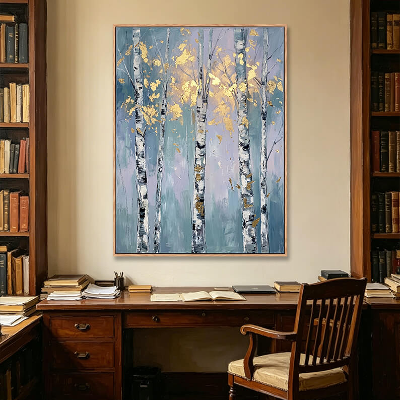 Calming 3D misty birch forest painting with gold leaves in traditional study room, impasto landscape artwork above vintage wooden desk