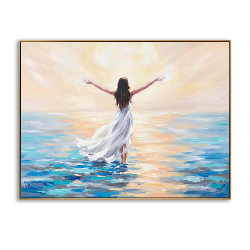 Hand-painted contemporary impressionism seascape canvas, back view woman in white dress standing in sunrise sea with open arms, thin gold frame, isolated white background