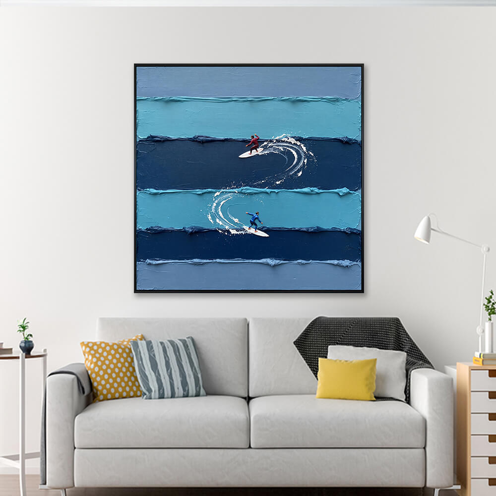 Interior styling view showing the heavy impasto ocean painting hanging in a contemporary living room above a sofa.