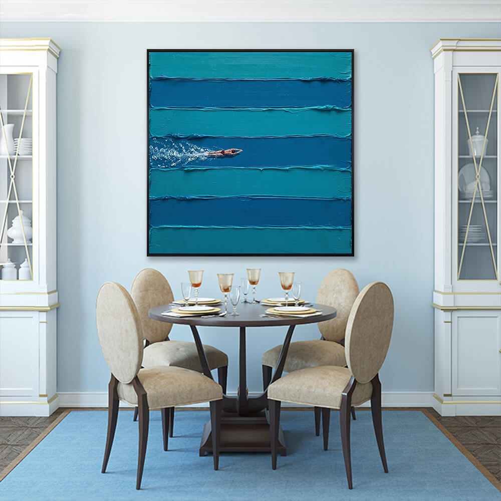 Interior styling view of Turquoise Glide hanging in a blue-walled dining room above a dark wood table set with beige chairs.