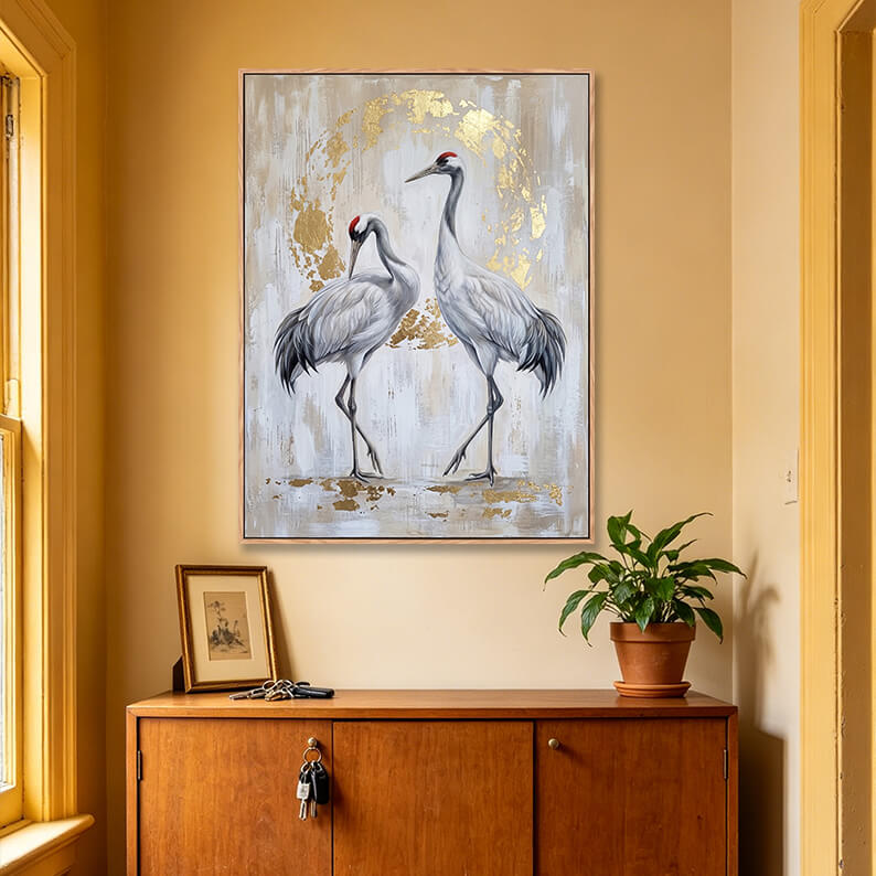 Vertical symbolic crane painting with gold leaf halo circle, two red-crowned cranes on textured beige background, elegant hand-painted luxury artwork