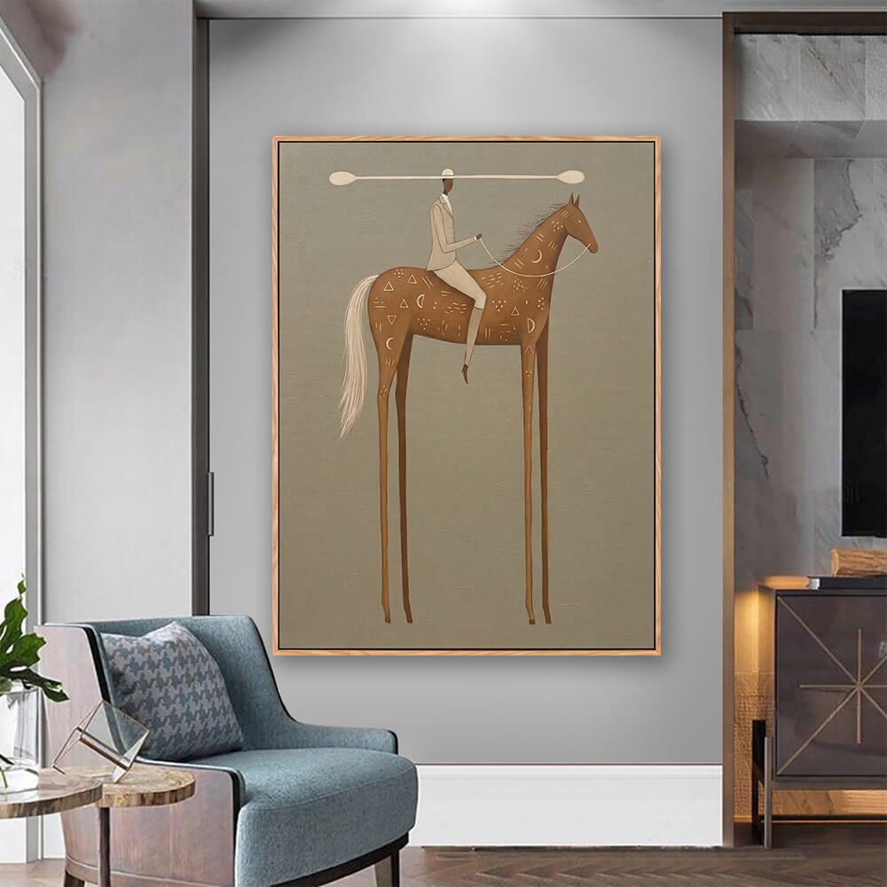 Framed surreal equestrian canvas mounted beside bathroom vanity