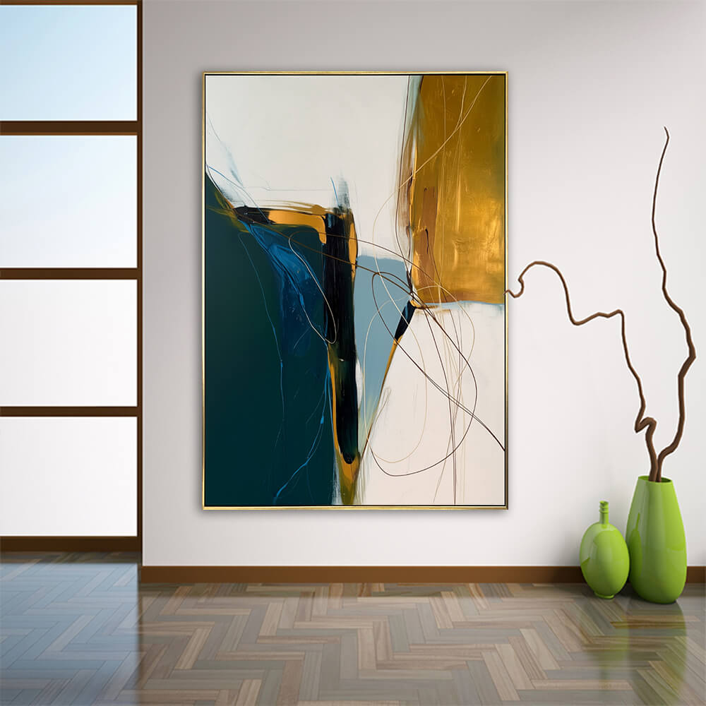 Modern entryway interior, gold framed vertical teal gold abstract canvas, soft textured bold wall decor with green vases