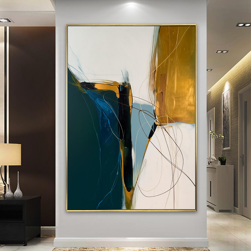 Luxury foyer wall decor, oversized vertical flowing shape abstract artwork in deep teal, gold and off-white tone