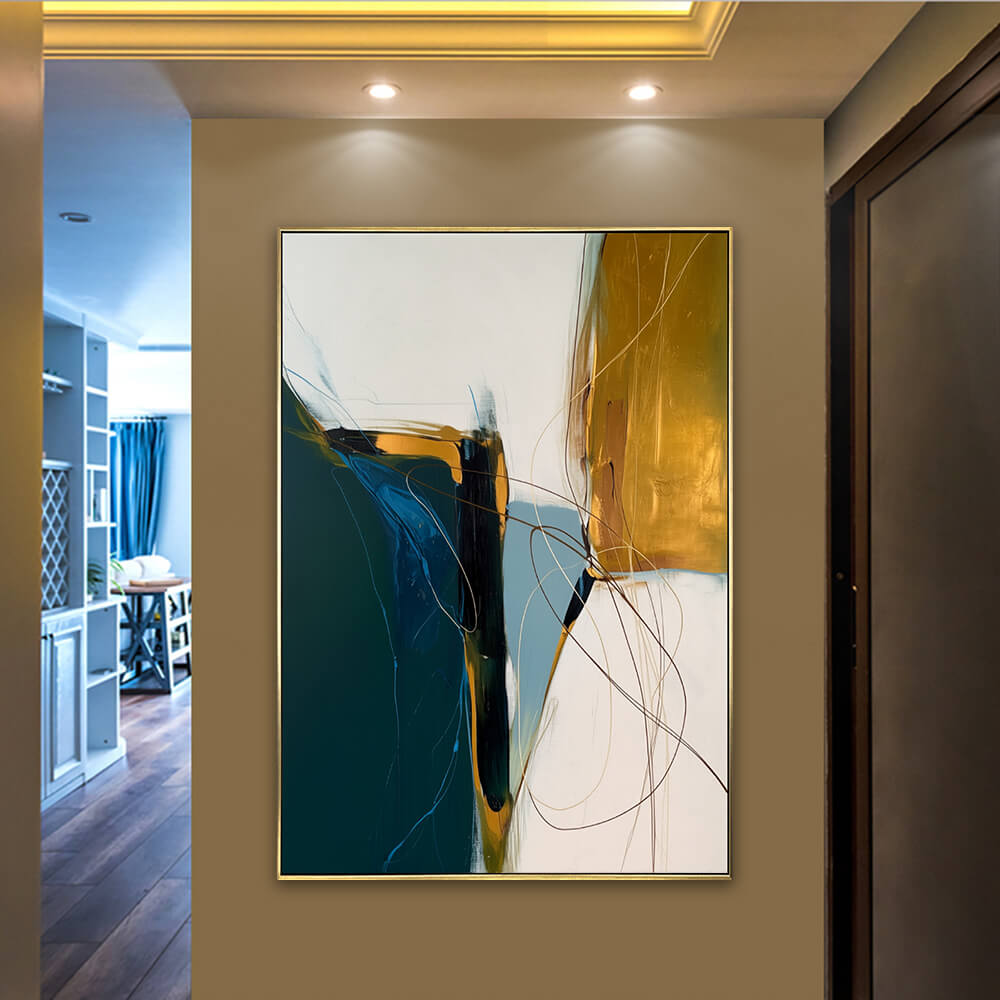 Long hallway display, tall vertical teal green gold abstract canvas with soft layered brushwork texture under ceiling spotlights