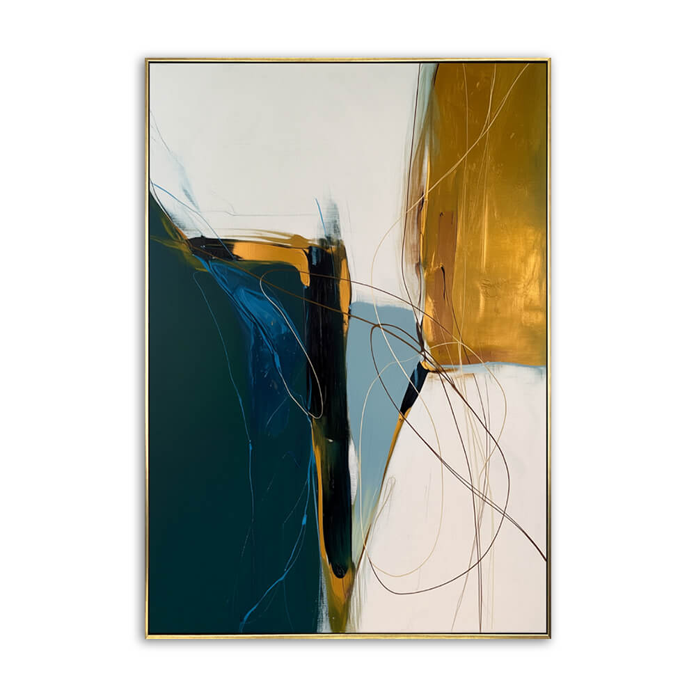 Vertical hand painted abstract canvas, soft layered impasto flowing color blocks, deep teal green, metallic gold, off-white and dusty blue tone, modern luxury texture