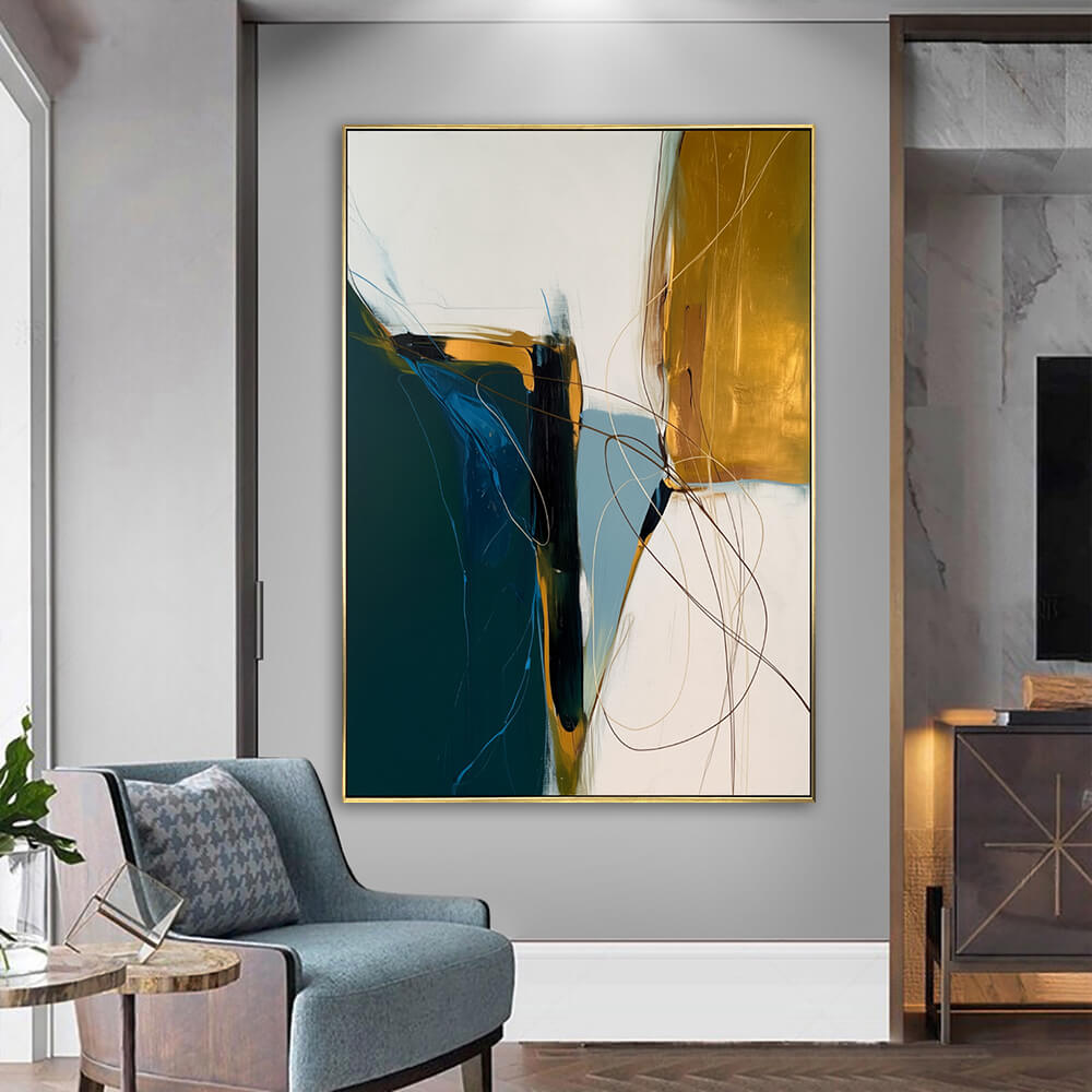 Bright living room corner, framed teal gold flow impasto painting above blue accent armchair, contemporary home styling