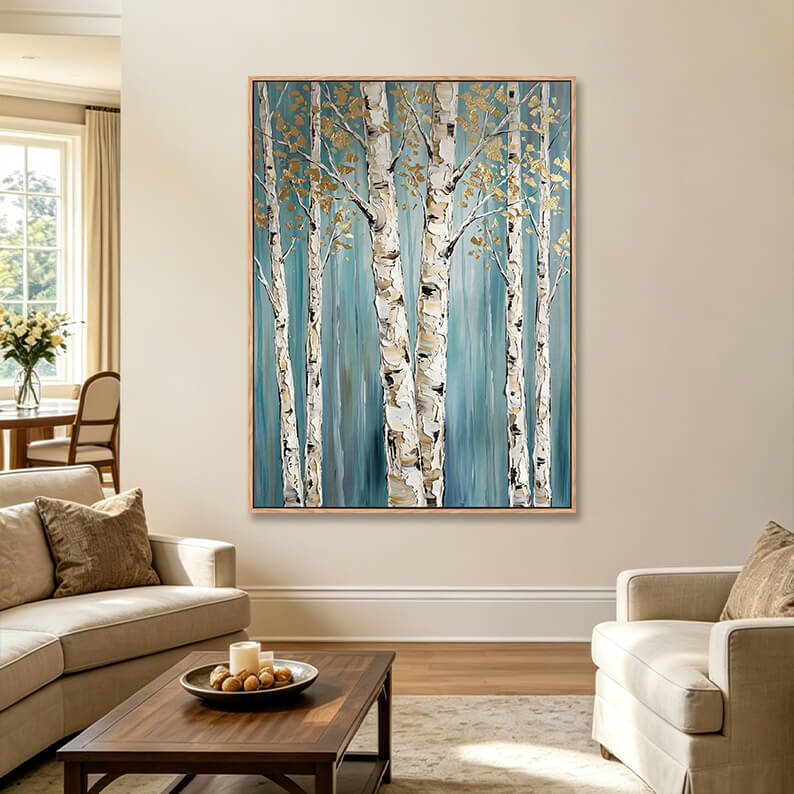 Large vertical textured birch tree forest painting with gold leaves on teal background in elegant living room, heavy impasto nature canvas