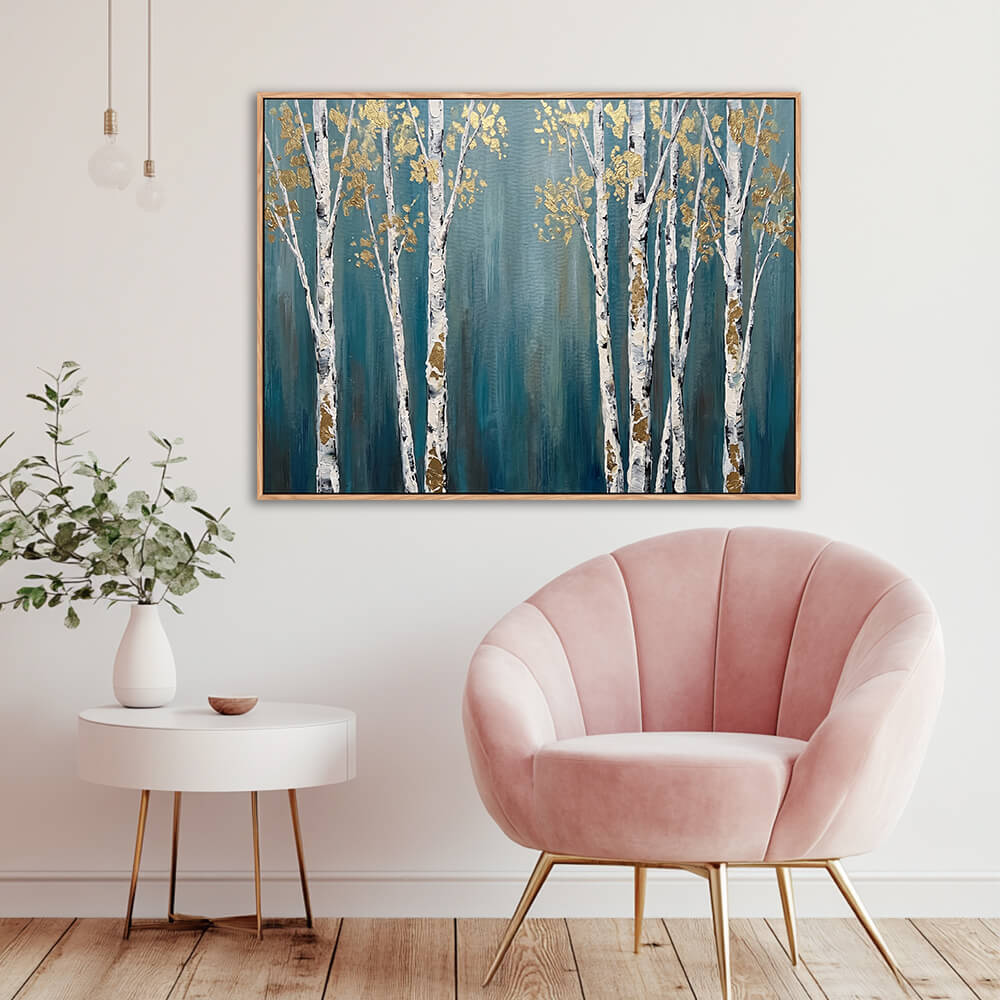 Soft modern lounge space, horizontal woodland hand painting, textured white birch trunks with shimmering gold leaf leaves on teal backdrop