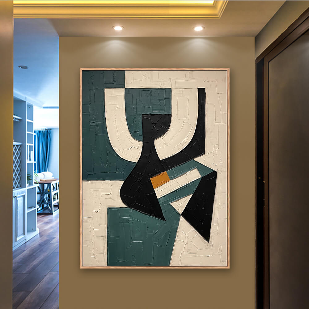 Vertical impasto geometric artwork hung in entryway beside upholstered accent chair