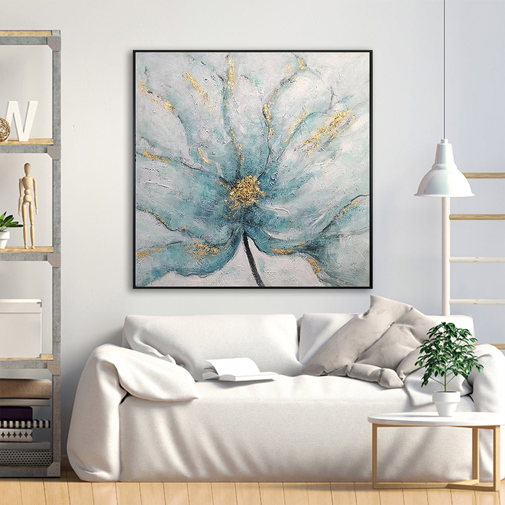 Teal and Gold Abstract Flower Canvas Art #YX325