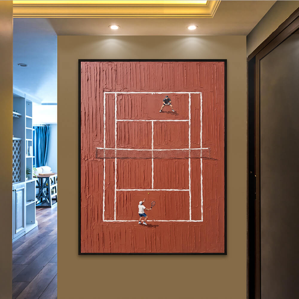 Interior styling view of Red Clay Tennis Court palette knife tennis decor hanging in a warm hallway entrance.