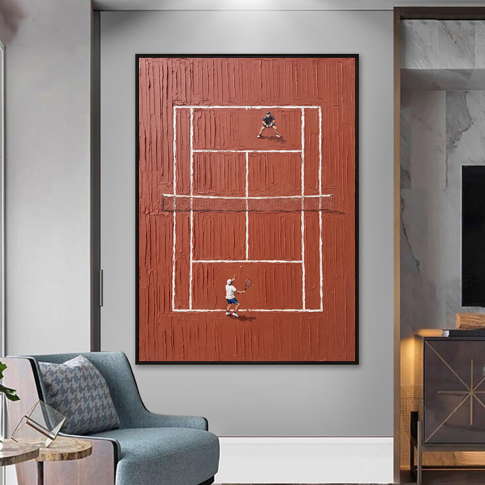 Interior styling view of Red Clay Tennis Court textured red tennis art decorative painting hanging on a neutral wall next to a modern armchair.