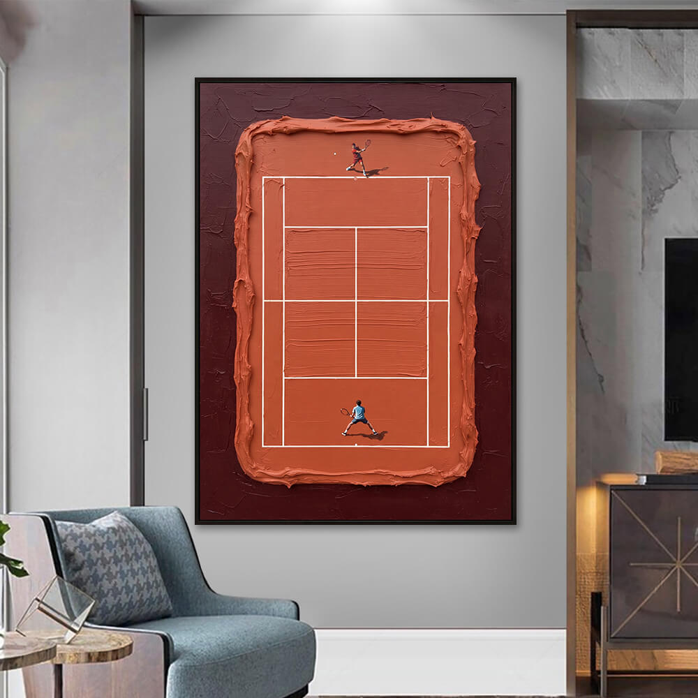 Interior styling view of Top Spin Rally terracotta sports wall decor artwork hanging in a modern living room next to a gray armchair.