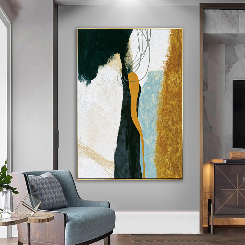 Bright living room corner, framed amber silhouette impasto painting above accent chair, contemporary home styling