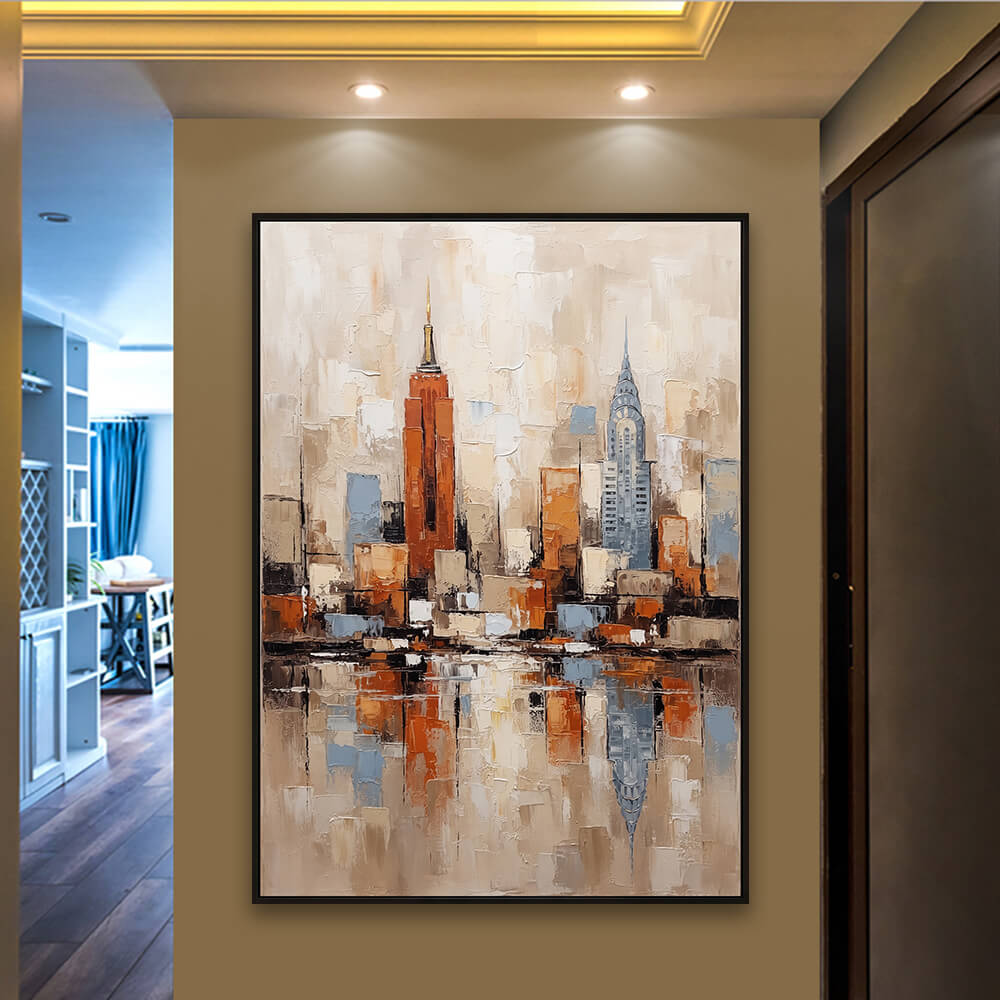 Contemporary living room arrangement featuring Urban Horizon textured architecture fine art piece hanging on a warm beige hallway accent wall.
