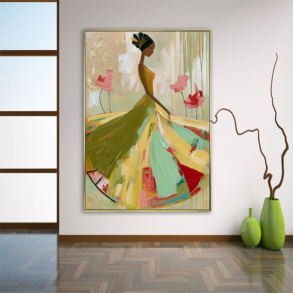 Interior styling view of Ethereal Grace textured canvas art decorative painting hanging on a neutral wall next to a large window and green vases.