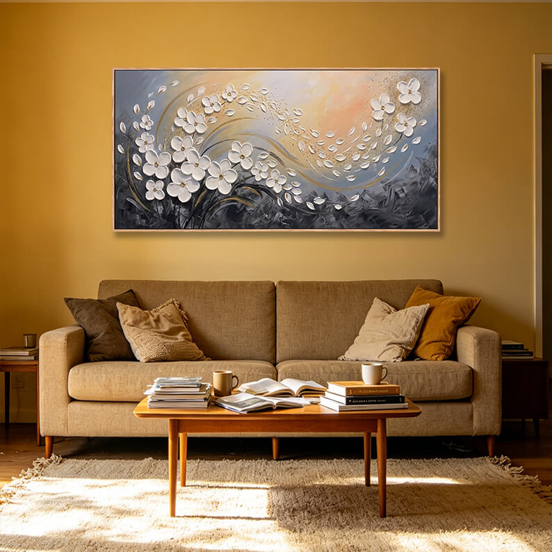 Panoramic horizontal abstract painting showing sweeping white and gold flower petals across a slate grey and amber orange background.