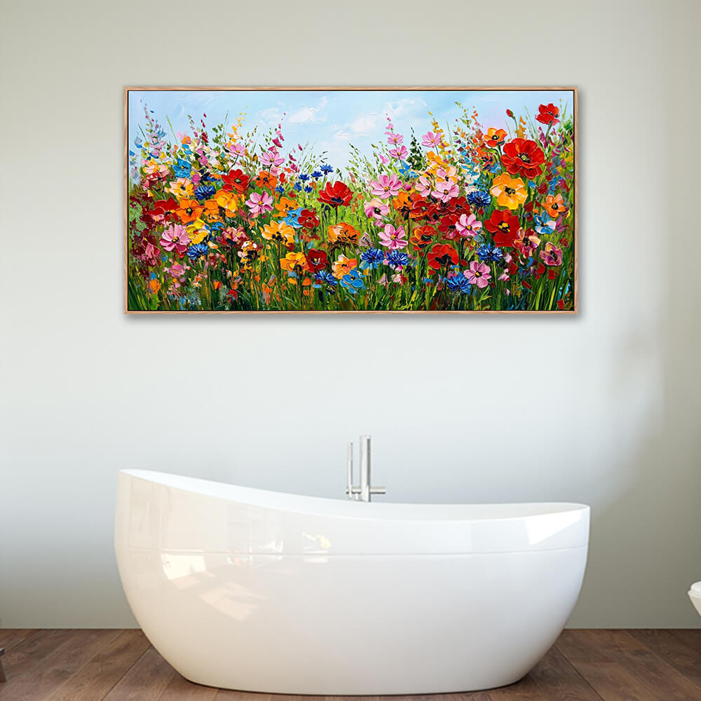 Large panoramic palette knife painting with high-relief 3D wildflower textures under a light blue sky.