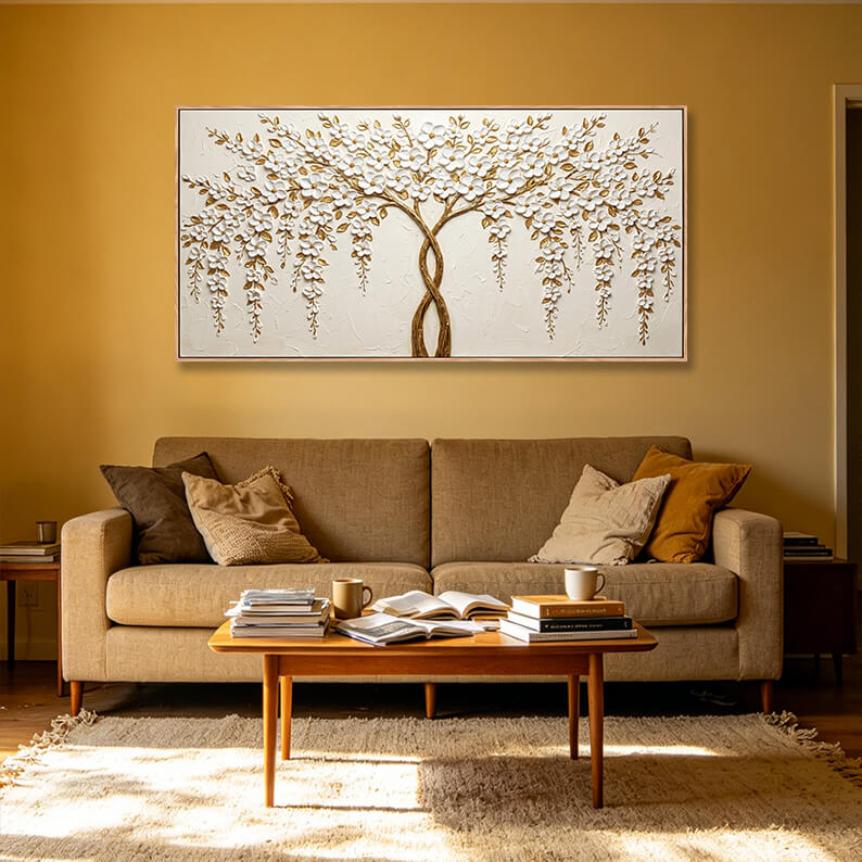 Hand painted tree of life painting with sculpted white flowers and golden trunks, thick impasto oil painting technique, elegant gold and white wall art for living room