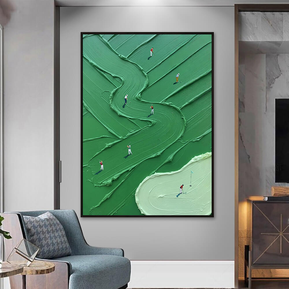 Interior styling view of Emerald Fairway textured green golf art decorative painting hanging on a neutral wall next to a modern armchair.