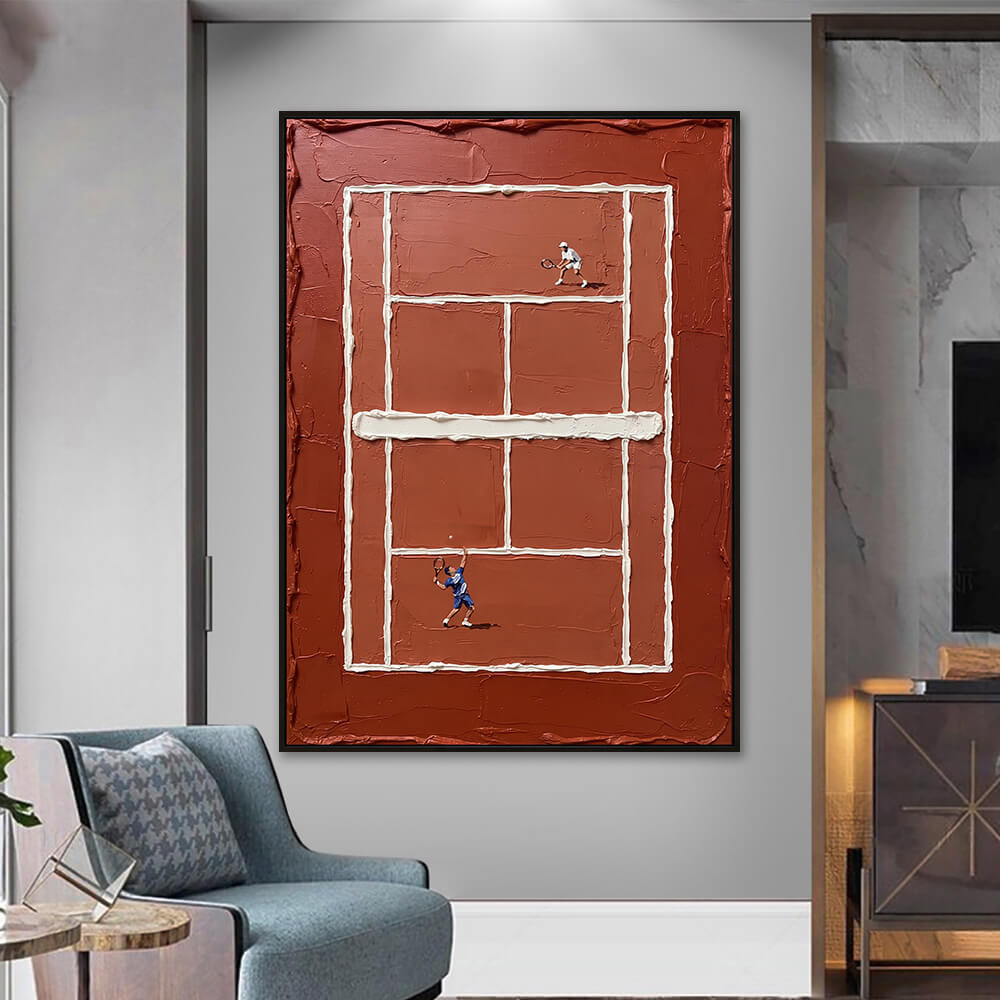 Interior styling view of Clay Court Match textured red tennis art decorative painting hanging on a neutral wall next to a modern armchair.
