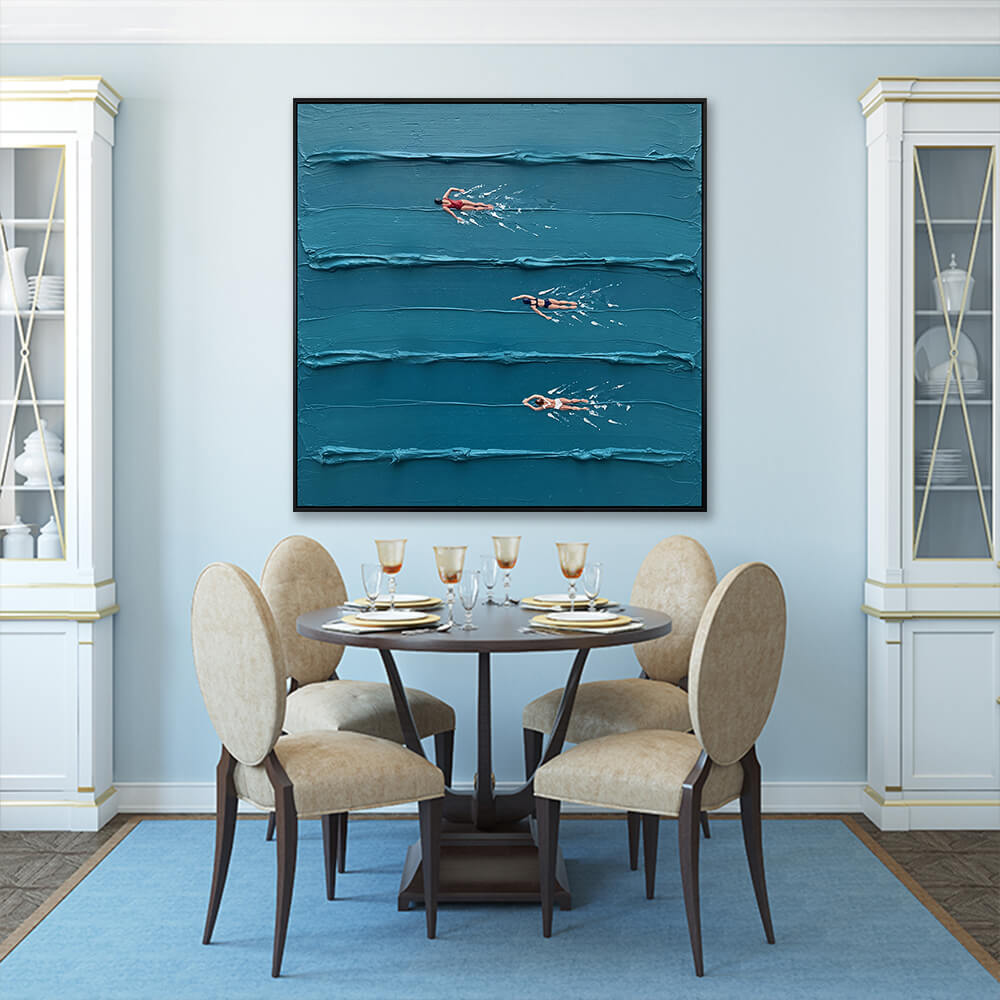 Interior styling view of Aquamarine Strokes hanging in a blue-walled dining room above a dark wood table set with beige chairs.