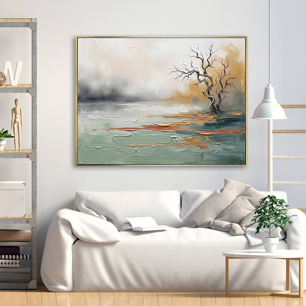 Hand-painted abstract tree canvas painting displayed above a white linen sofa in a bright minimalist living room