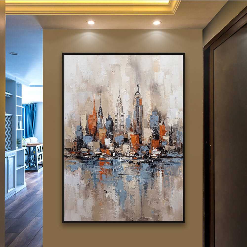 Contemporary living room arrangement featuring City Reflection wall art hanging on a warm beige hallway accent wall.