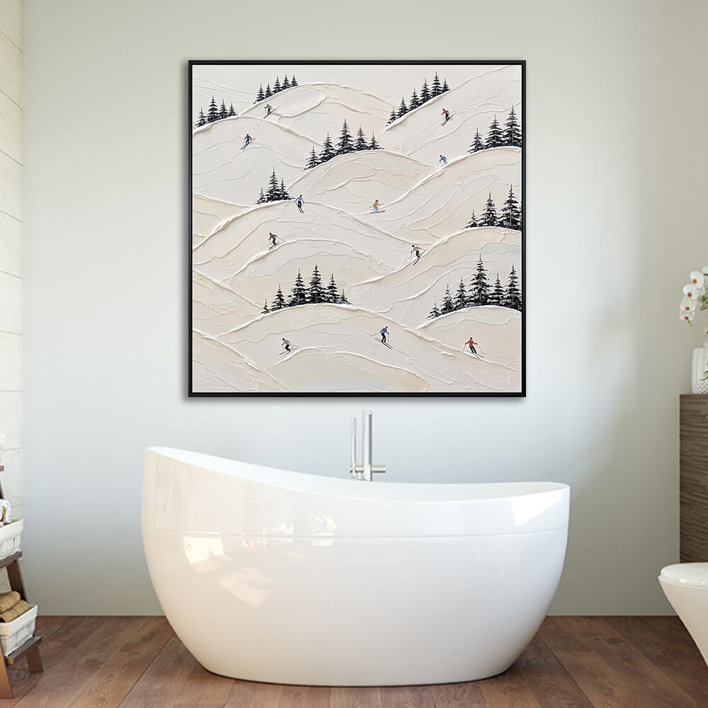 Interior styling view of Frosty Peaks hanging in a luxurious modern bathroom above a white freestanding bathtub.