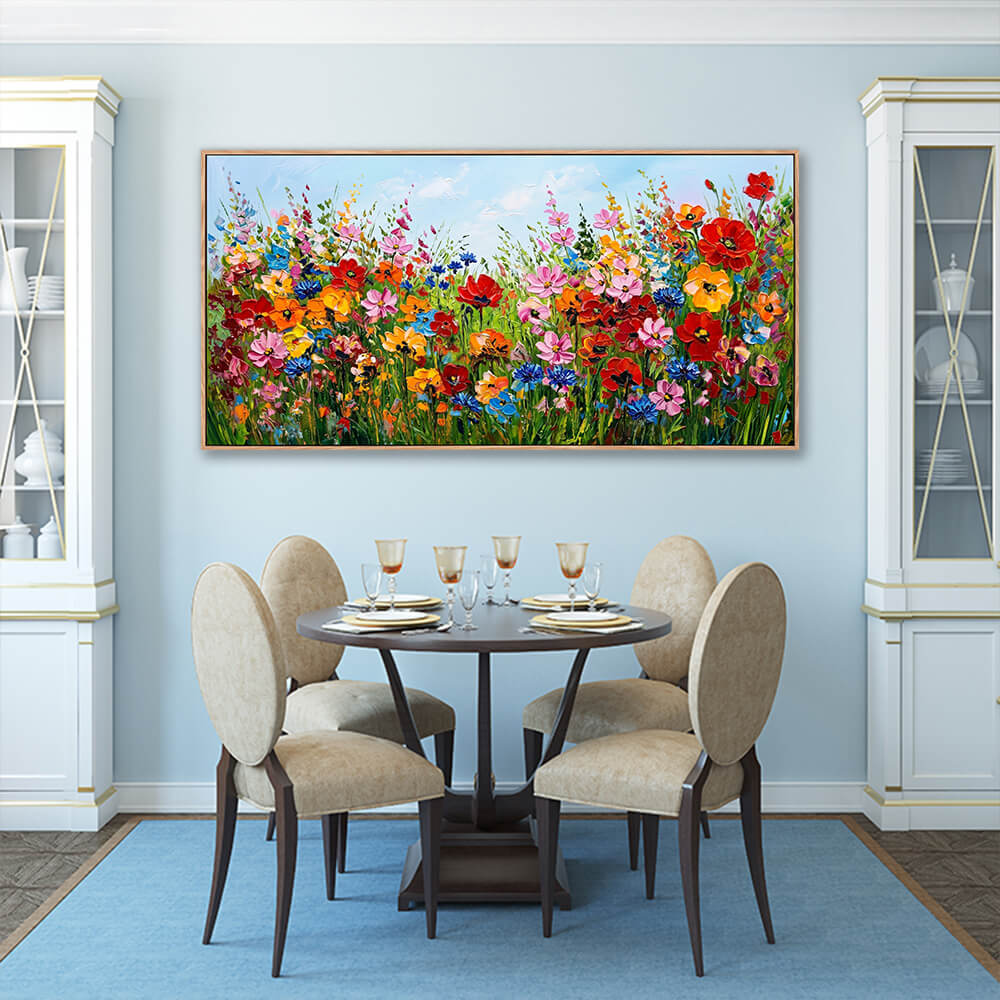 Horizontal colorful wildflower field painting showcasing thick acrylic paint layers and rich floral texture.