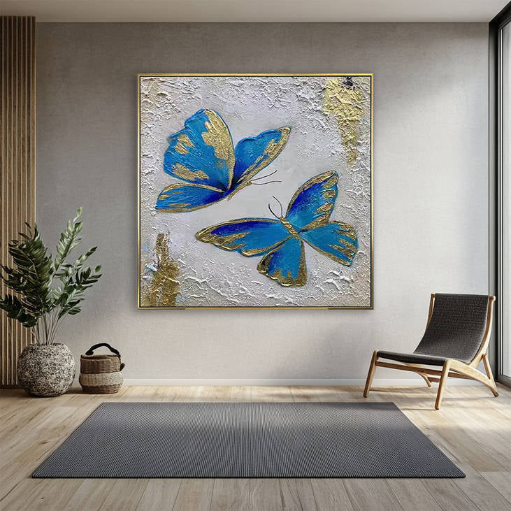 Hand Painted Blue & Gold Butterfly Textured Canvas Wall Art #YX293