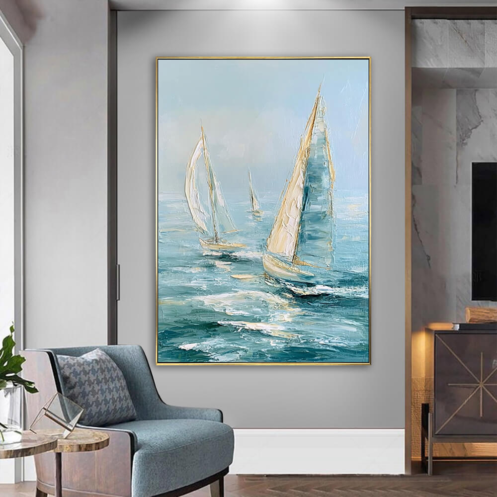 Hand painted heavy impasto sailboat seascape canvas hung in coastal living room, teal ocean wave palette knife artwork, luxury nautical accent wall decor