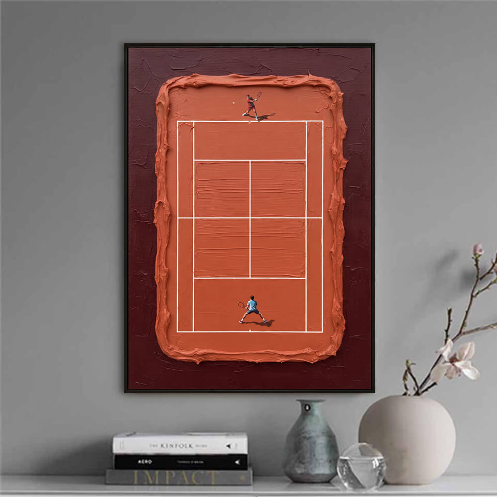  Interior styling view of Top Spin Rally thick texture tennis canvas art hanging above a modern console table styled with books and a vase.