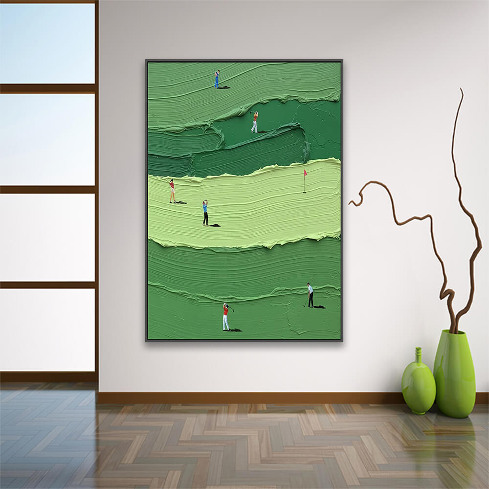Golf course painting hung on plain entryway wall paired with ceramic vase ornaments