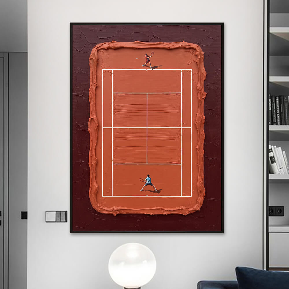Interior styling view of Top Spin Rally top down tennis player art hand painted painting hanging in a modern apartment interior with built-in shelving.