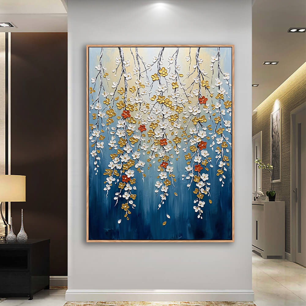 Spacious hallway interior scene, framed vertical cascading blossom artwork, gradient navy backdrop with thick texture hanging flower branches
