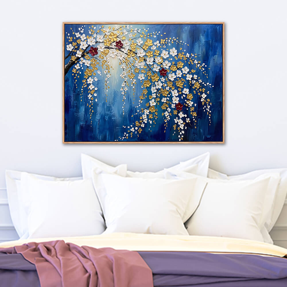 Bright minimalist living room, wooden framed horizontal hanging plum blossom artwork, thick texture white and golden trailing flowers