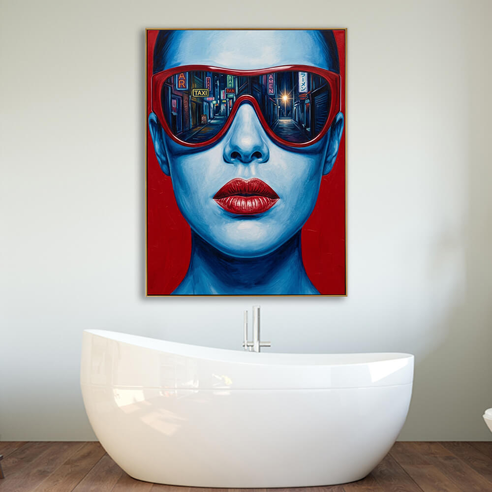 Modern neon city pop art canvas mounted above large freestanding glossy white bathtub in clean minimalist wood bathroom
