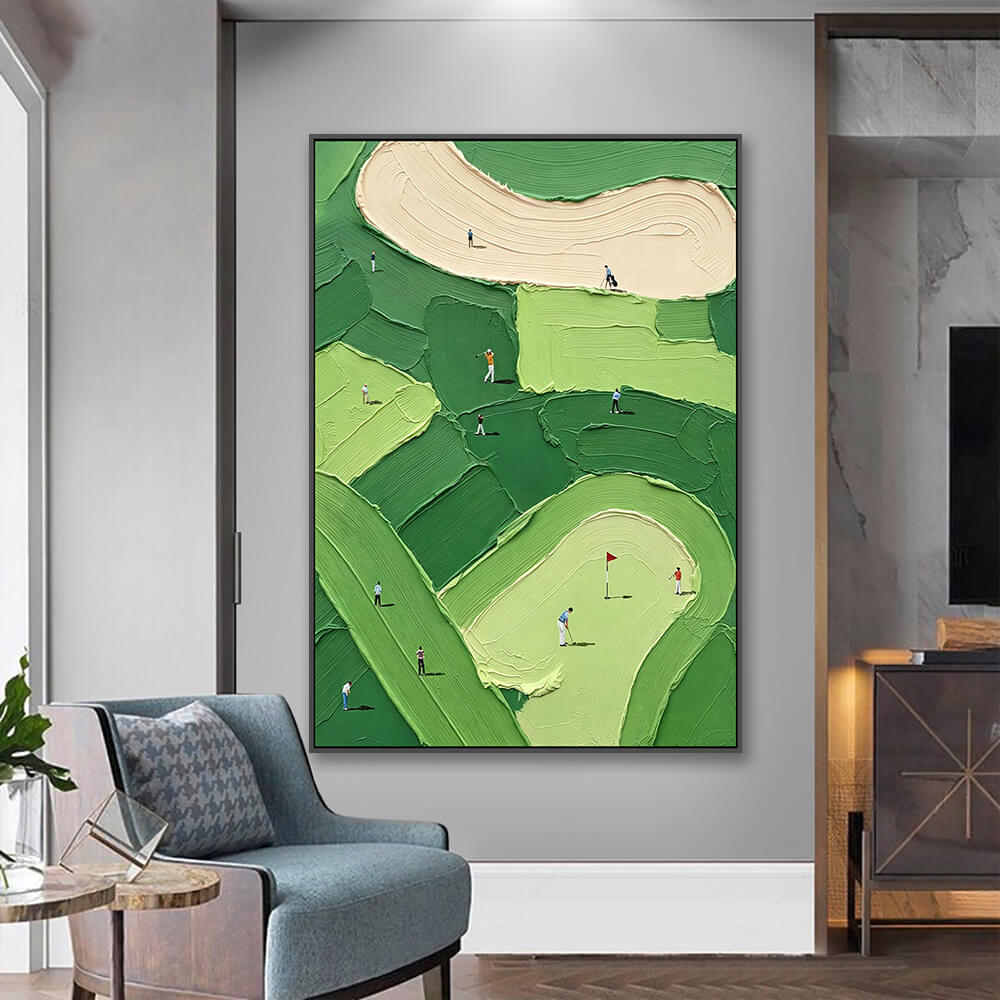 Vertical golf course canvas hung inside bright residential entryway with wood flooring and accent armchair
