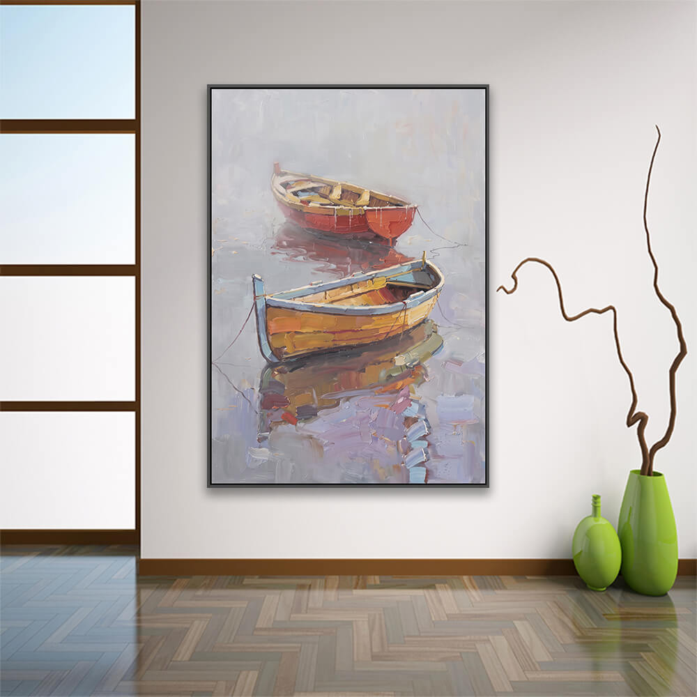 Misty boat painting displayed on entryway wall paired with ceramic vases