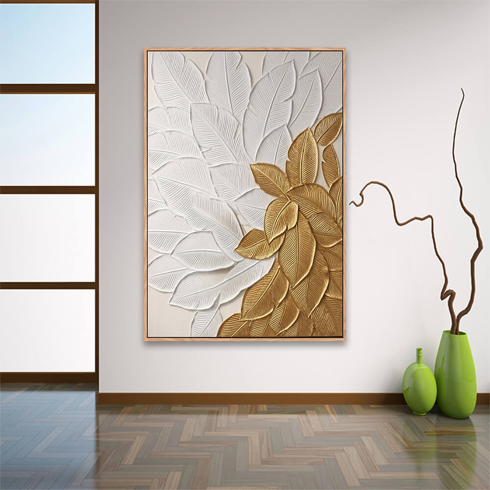 Minimalist bright interior space, wooden framed abstract foliage canvas, thick impasto white and golden banana leaf composition