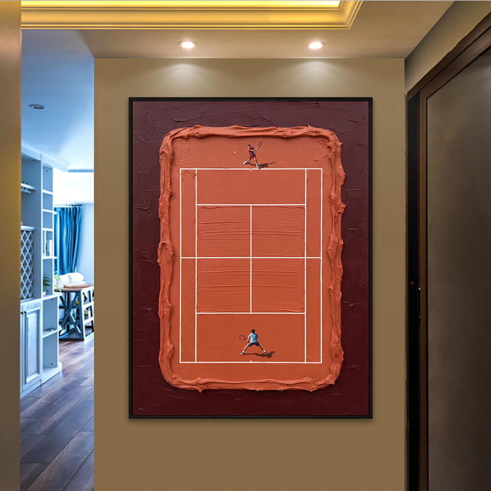 Interior styling view of Top Spin Rally two tone red clay canvas decorative painting hanging in a warm, well-lit hallway entrance.