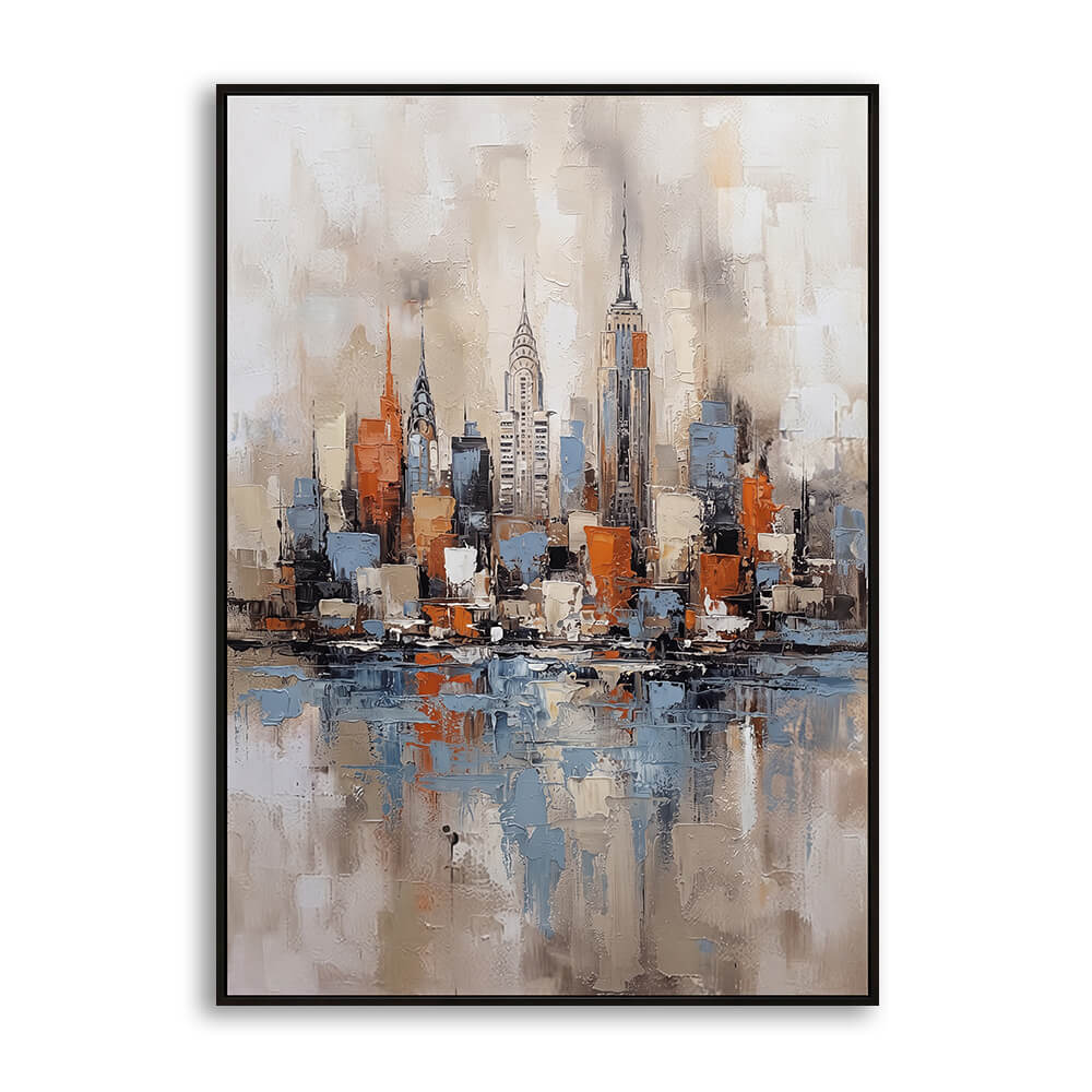 Studio front view showcasing City Reflection, an original hand-painted abstract cityscape artwork featuring architectural skyline silhouettes in warm amber and blue tones.