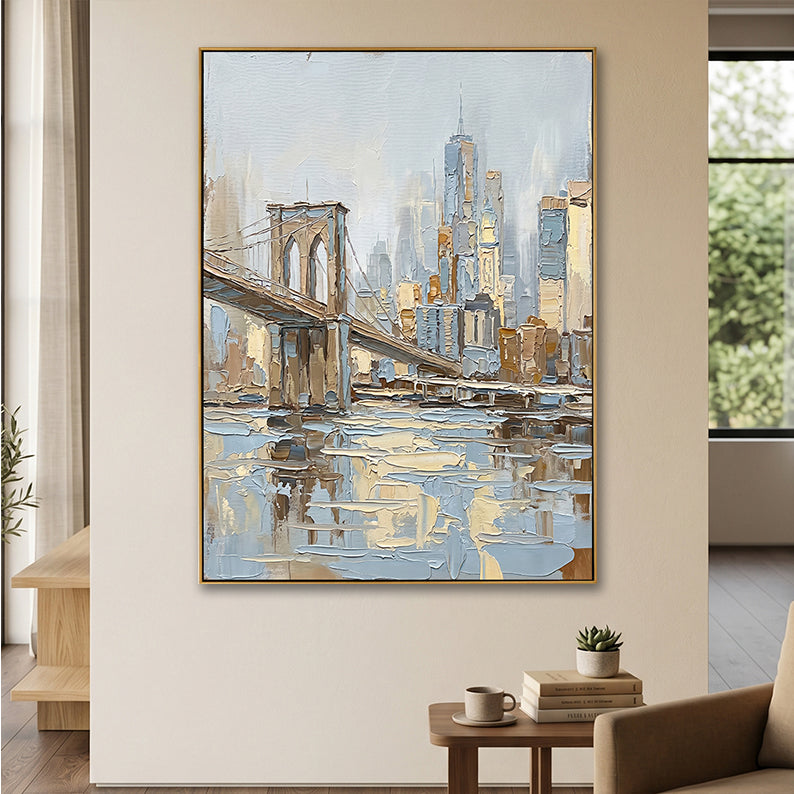 Close-up of Manhattan skyline wall art in a brightly lit modern entryway next to a window.
