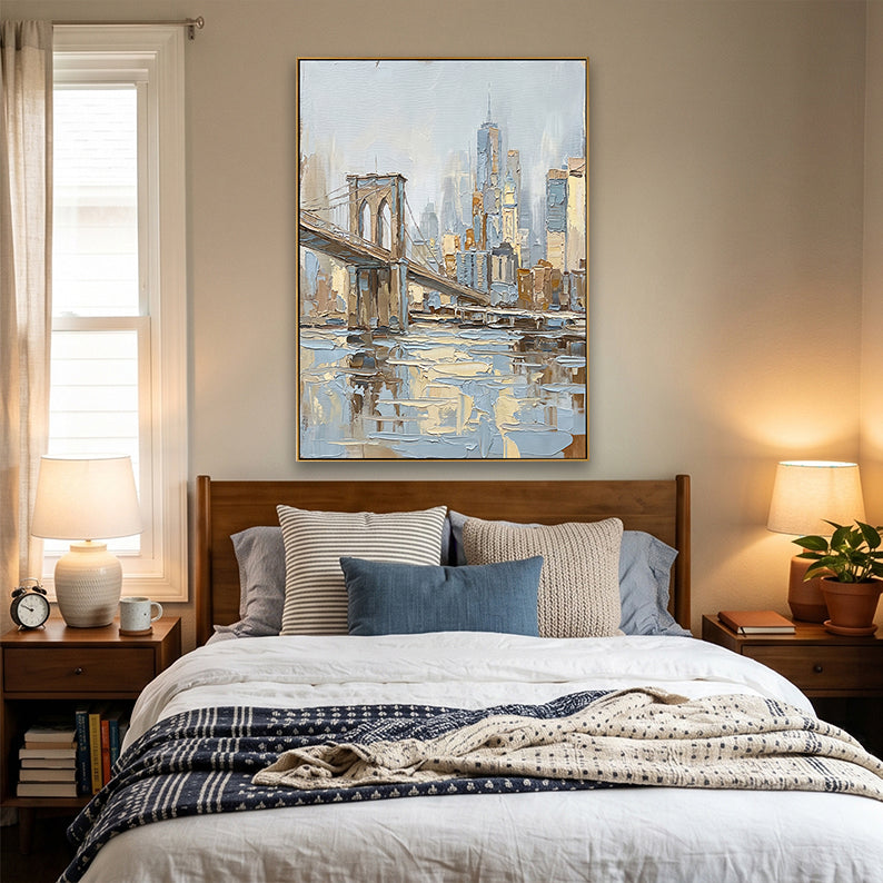 Serene bedroom decor with a wooden headboard and Brooklyn Bridge palette knife painting as a focal point.