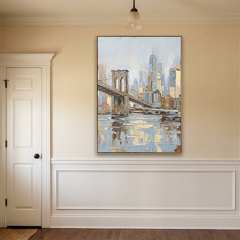 Sophisticated hallway with white wainscoting highlighting a vertical Brooklyn Bridge abstract painting.