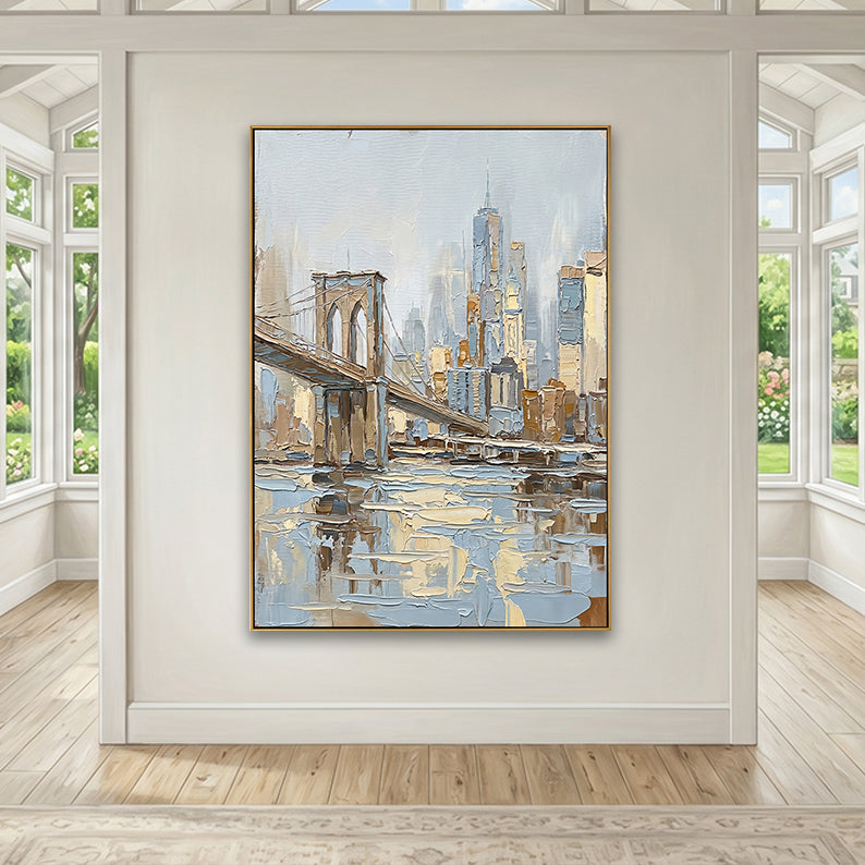 Spacious sunlit room with hardwood floors and a striking New York City skyline painting on a central gallery wall.