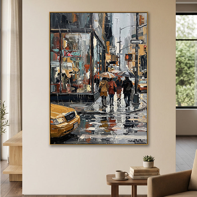Detailed view of a palette knife cityscape painting on a clean white wall with classic trim.