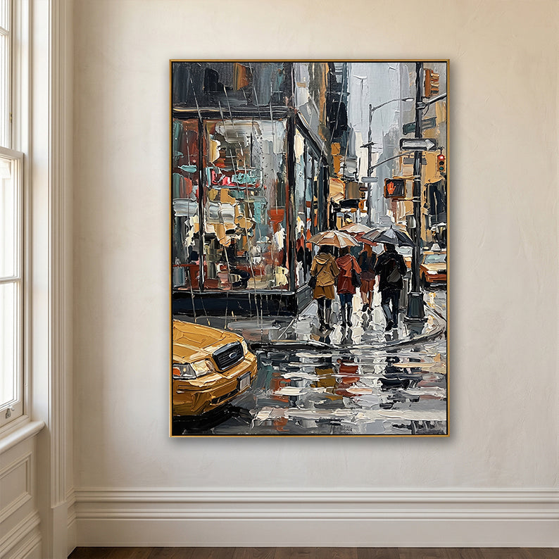 Rainy New York City Street Hand-Painted Textured Wall Art  #YX546